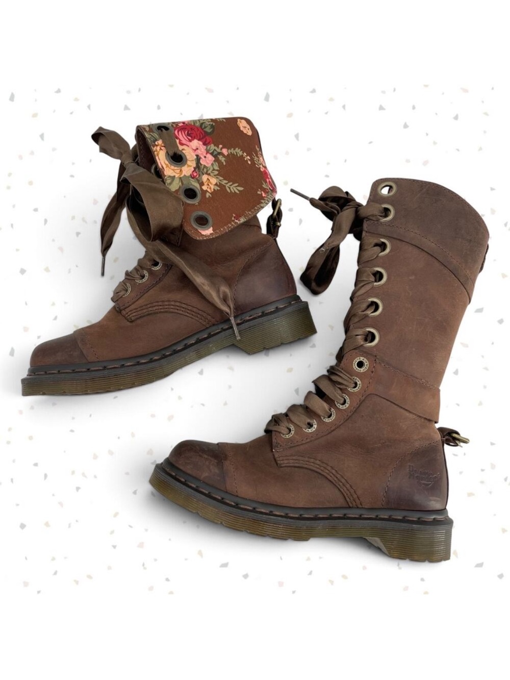 Dr. Martens Triumph Boots Brown Leather Pirate Style Fold Down Floral Lining 5